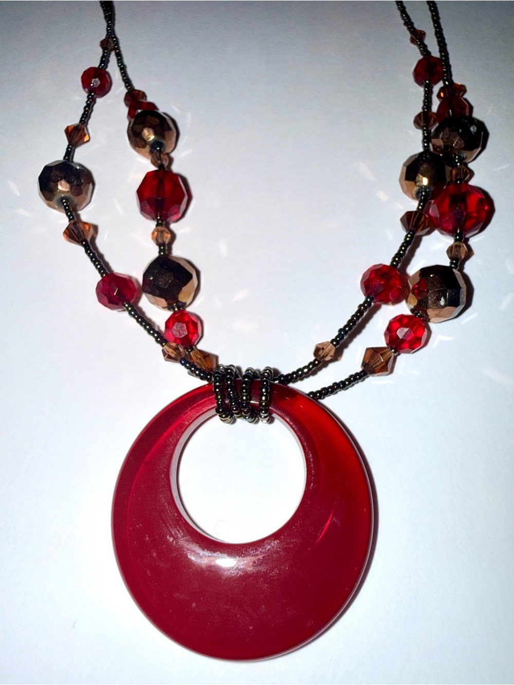 Y2K Retro Signed Lia Sophia Red Circle and Glass Bead Pendant Necklace